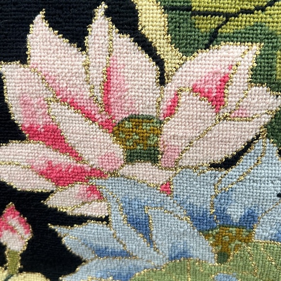 Lee’s Needle Art Vintage Black Leather Floral Needlepoint Shoulder Bag Purse - Picture 10 of 17